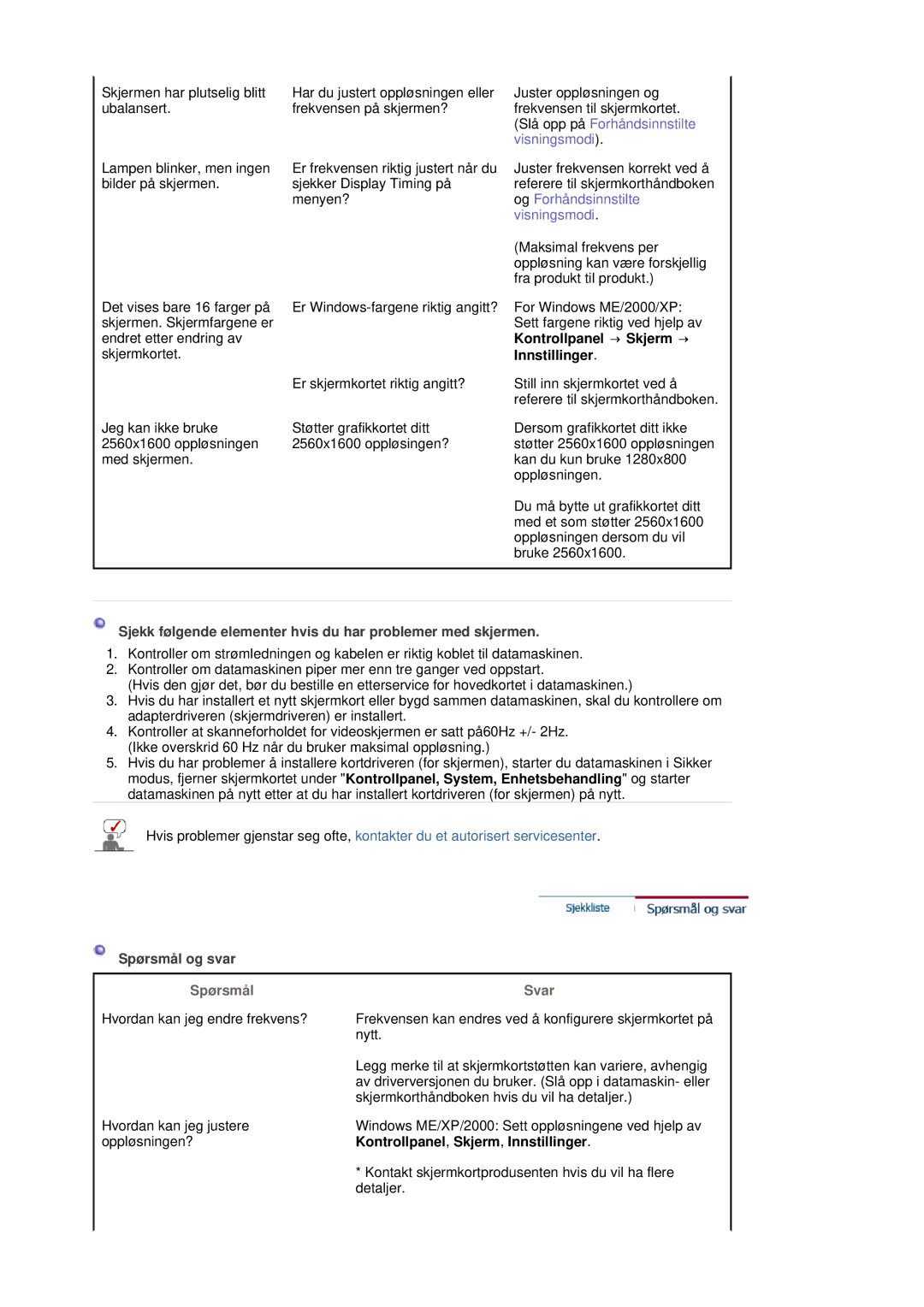 Samsung LS30HUBCB/EDC manual Sjekk følgende elementer hvis du har problemer med skjermen, Spørsmål og svar, Svar 