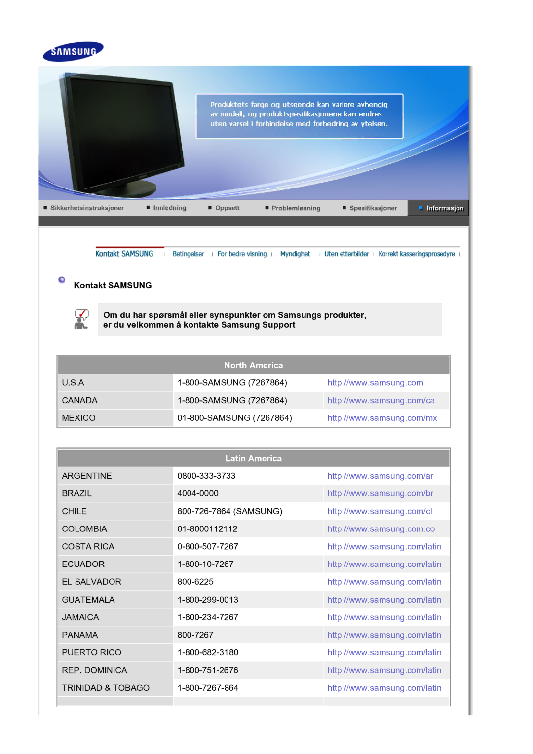 Samsung LS30HUBCB/EDC manual North America 