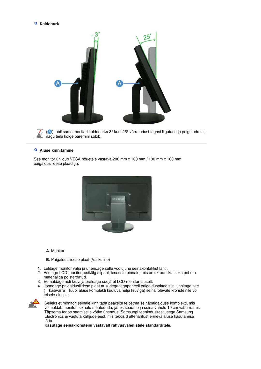 Samsung LS30HUBCB/EDC manual Kaldenurk, Aluse kinnitamine 