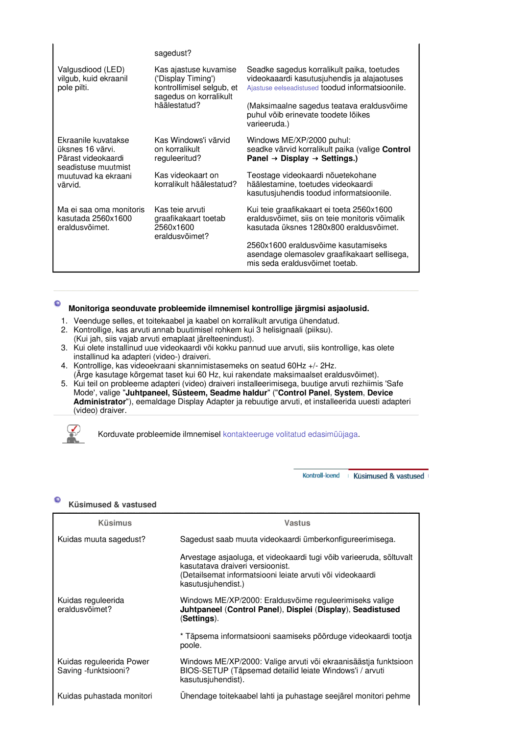 Samsung LS30HUBCB/EDC manual Panel → Display → Settings, Küsimused & vastused, Küsimus Vastus 