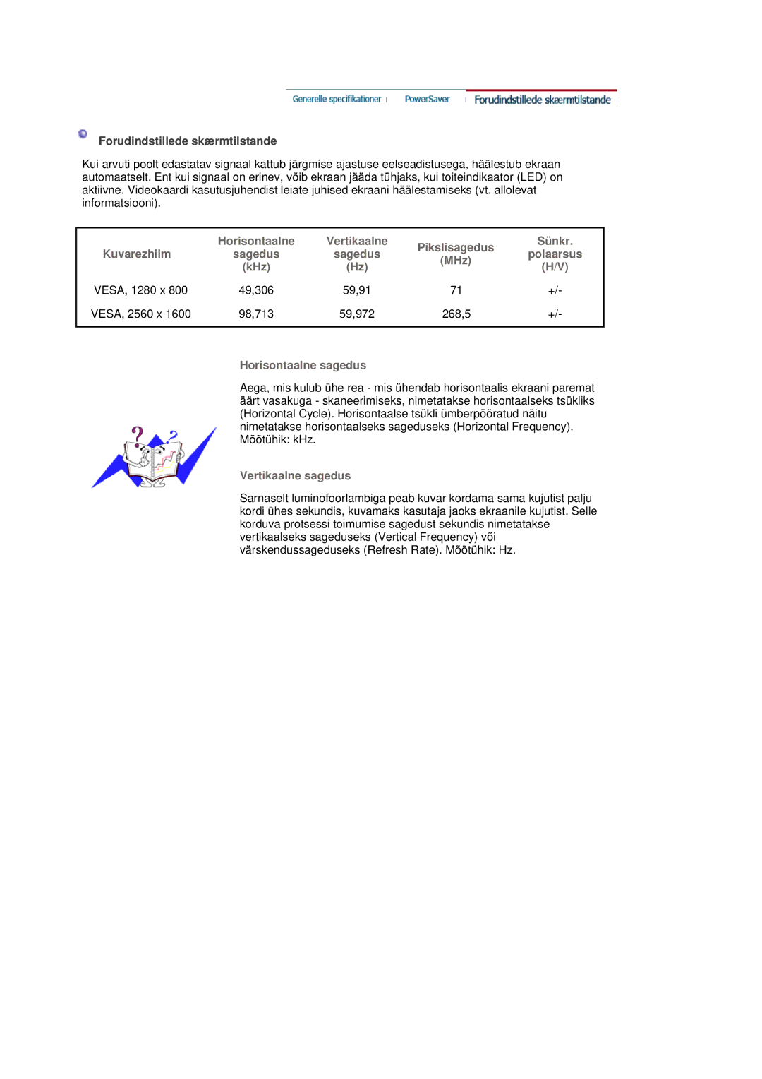 Samsung LS30HUBCB/EDC manual Horisontaalne, Pikslisagedus Sünkr Kuvarezhiim, MHz, KHz VESA, 1280 x, 59,91 VESA, 2560 x 