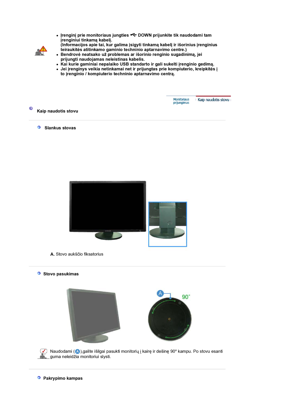 Samsung LS30HUBCB/EDC manual Stovo pasukimas, Pakrypimo kampas 