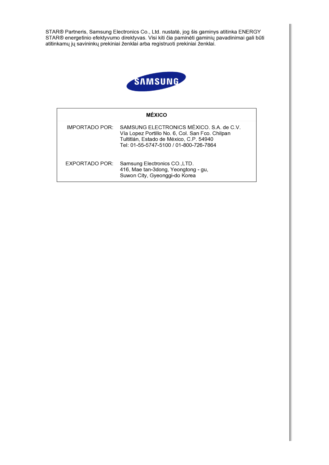 Samsung LS30HUBCB/EDC manual México 