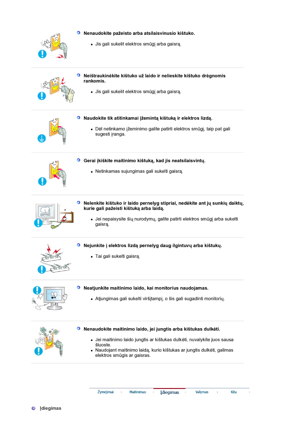 Samsung LS30HUBCB/EDC manual Nenaudokite pažeisto arba atsilaisvinusio kištuko, Įdiegimas 