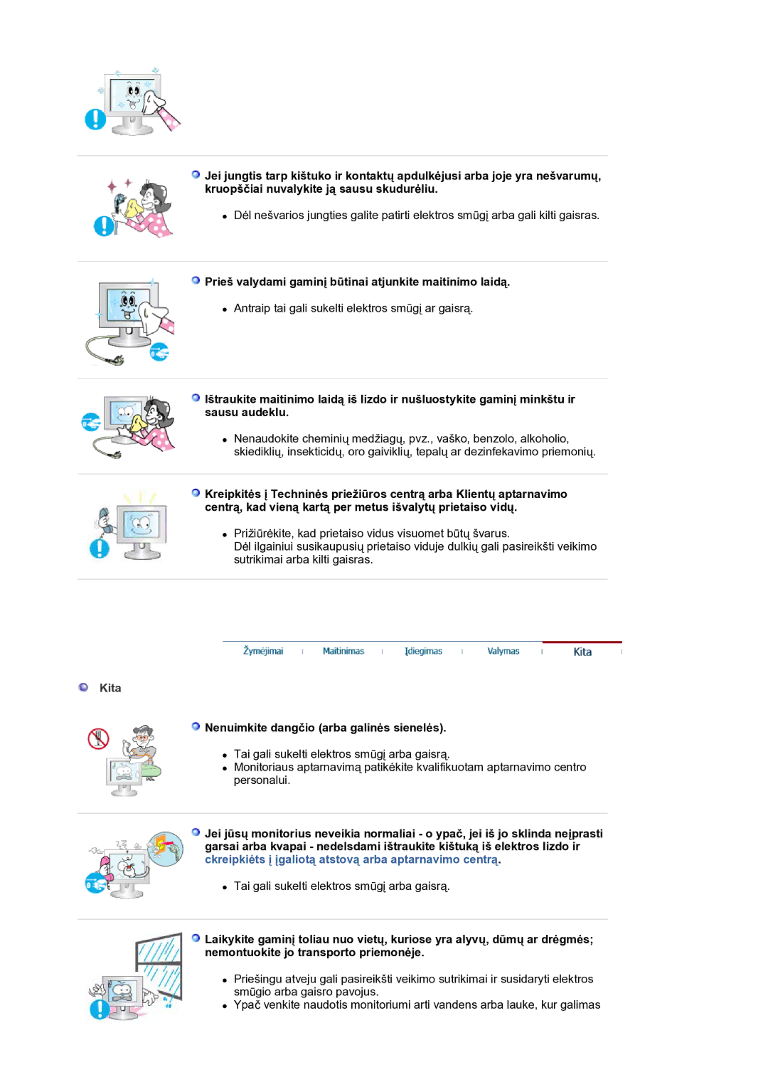 Samsung LS30HUBCB/EDC manual Prieš valydami gaminį būtinai atjunkite maitinimo laidą, Kita 