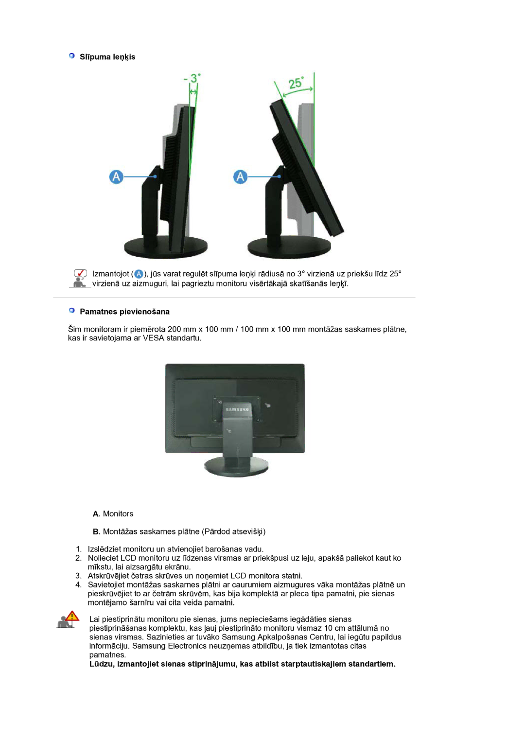 Samsung LS30HUBCB/EDC manual Slīpuma leņķis, Pamatnes pievienošana 