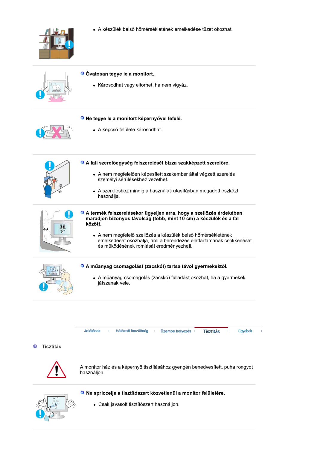 Samsung LS30HUBCB/EDC manual Óvatosan tegye le a monitort, Ne tegye le a monitort képernyővel lefelé, Tisztitás 