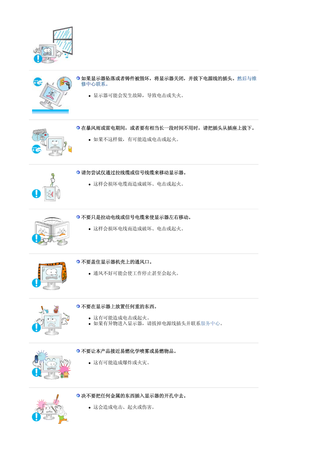 Samsung LS30HUBCB/EDC manual 在暴风雨或雷电期间，或者要有相当长一段时间不用时，请把插头从插座上拔下。, 请勿尝试仅通过拉线缆或信号线缆来移动显示器。, 不要只是拉动电线或信号电缆来使显示器左右移动。 