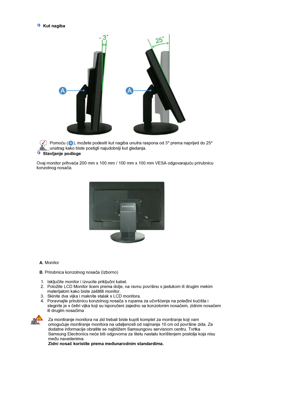 Samsung LS30HUBCB/EDC manual Kut nagiba, Stavljanje podloge, Zidni nosač koristite prema međunarodnim standardima 