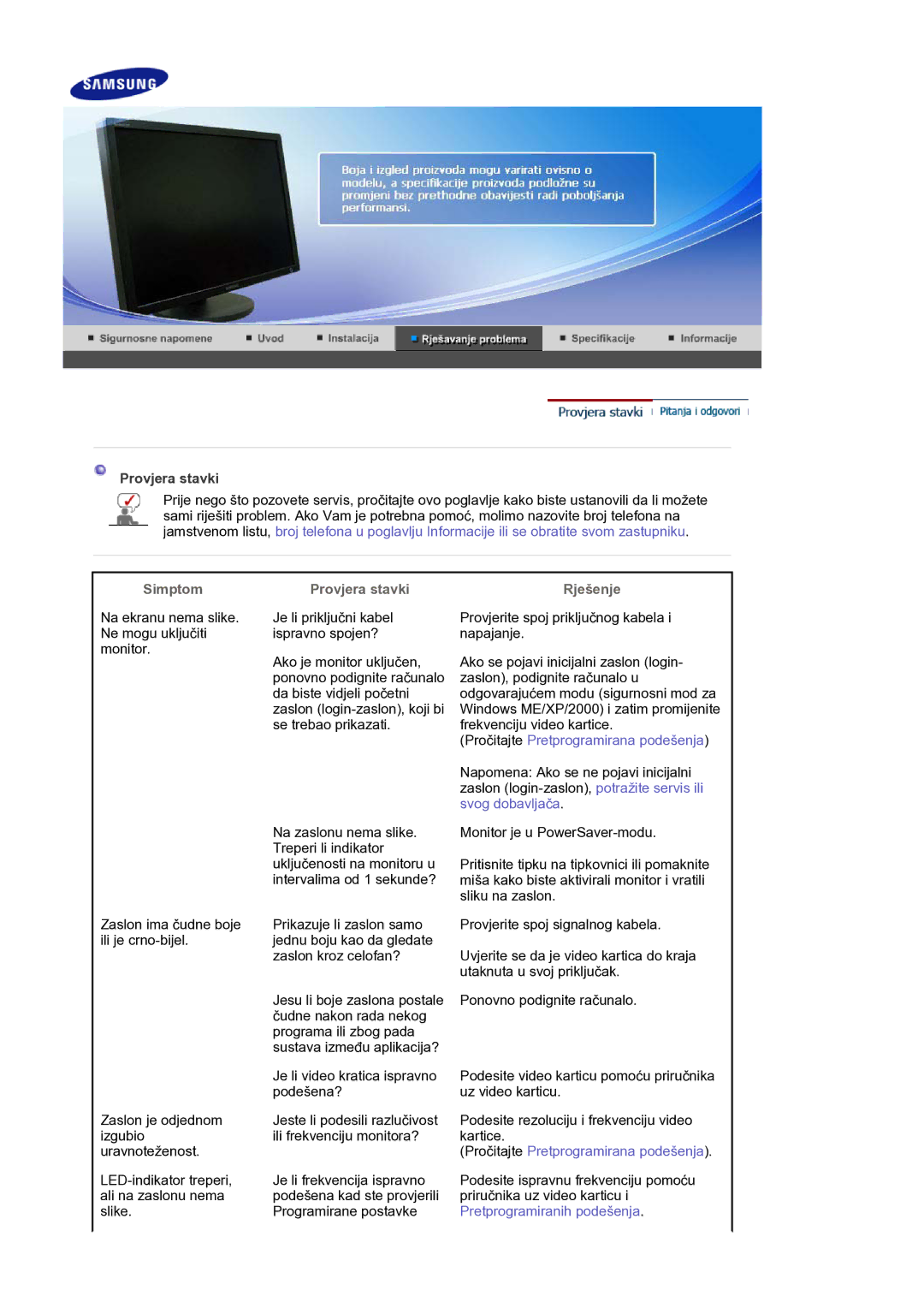 Samsung LS30HUBCB/EDC manual Provjera stavki, Simptom, Rješenje 