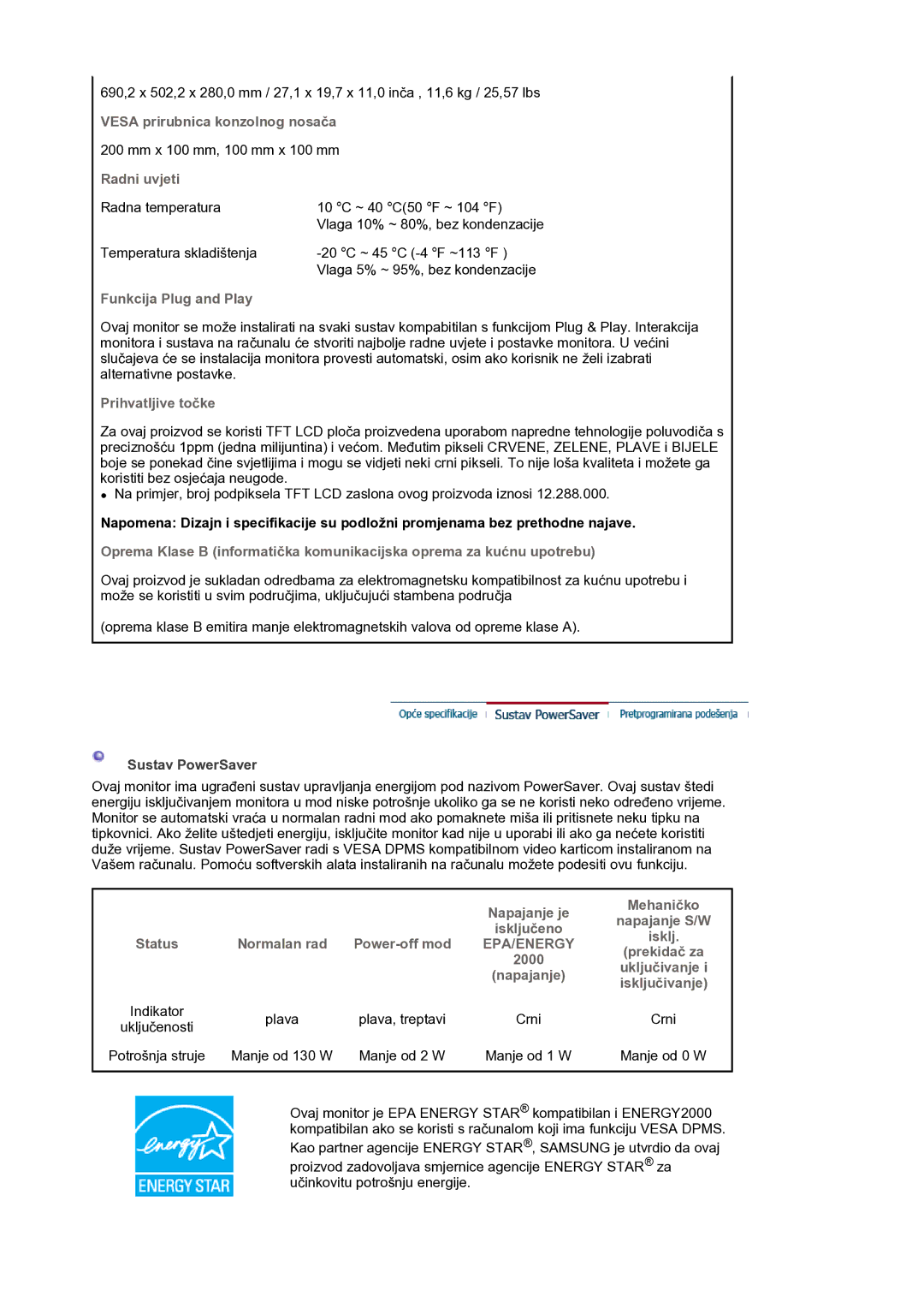 Samsung LS30HUBCB/EDC manual Vesa prirubnica konzolnog nosača, Radni uvjeti, Funkcija Plug and Play, Prihvatljive točke 