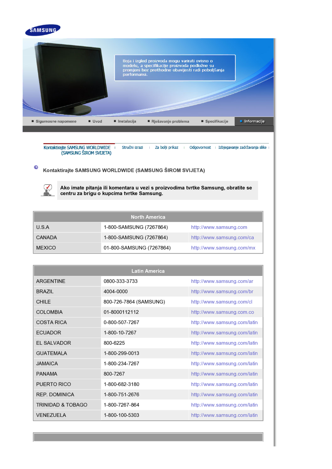 Samsung LS30HUBCB/EDC manual Kontaktirajte Samsung Worldwide Samsung Širom Svijeta, Latin America 