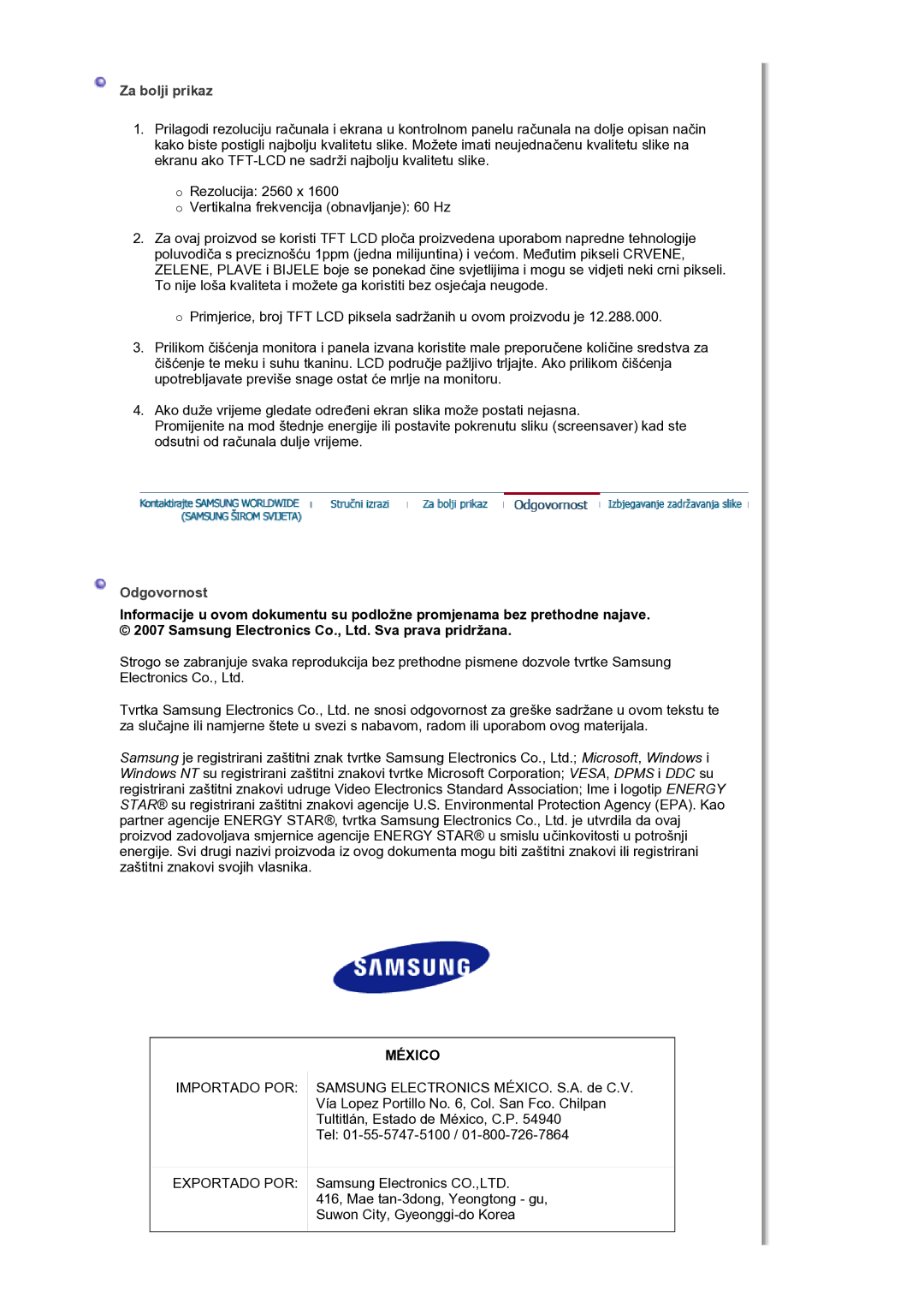 Samsung LS30HUBCB/EDC manual Za bolji prikaz, Odgovornost 