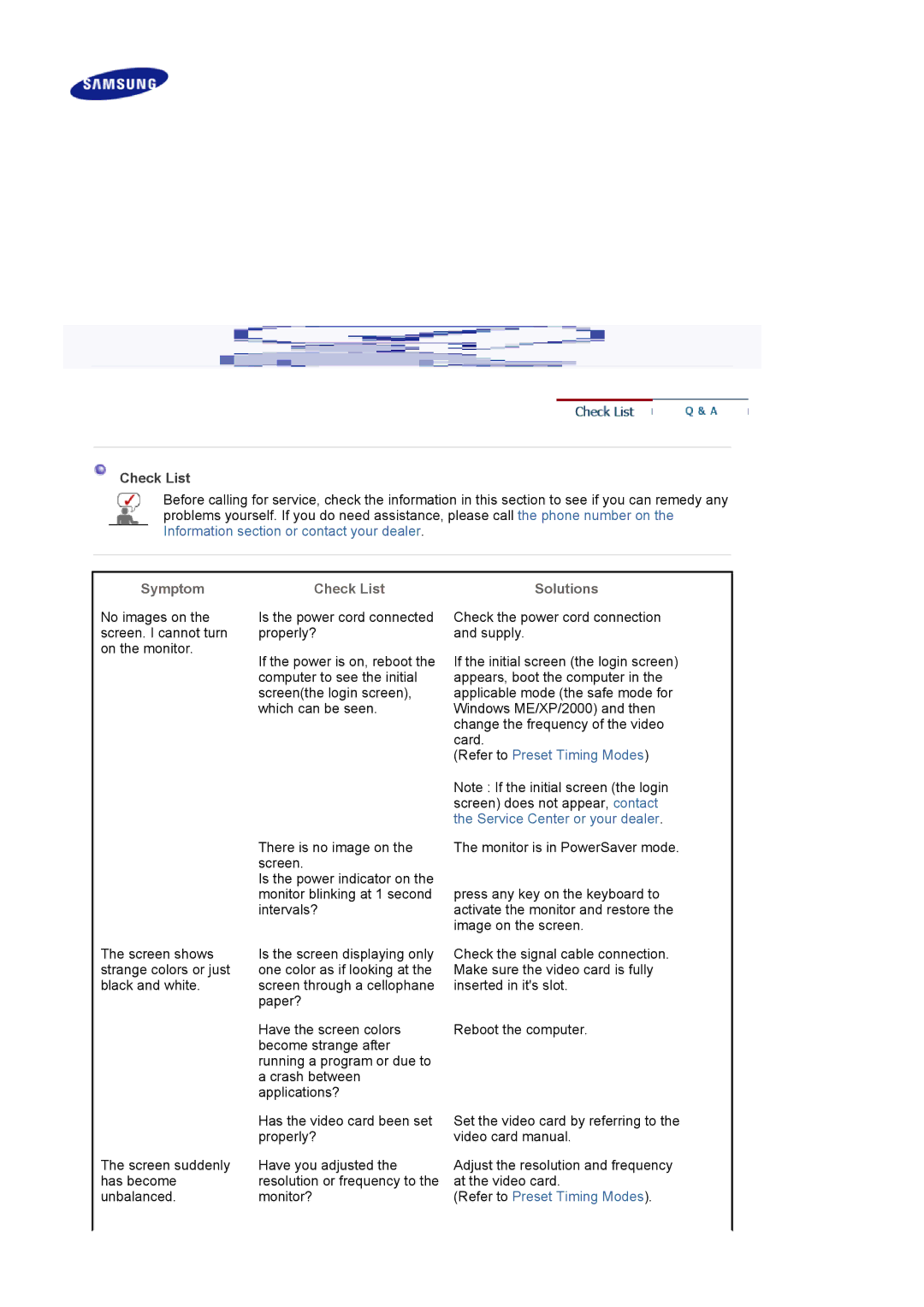 Samsung LS30HUBCB/EDC, LS30HUXCB/EDC, LS30HUBCB/XAA, LS30HUXCB2/CI, LS30HUXCBSEDC manual Symptom 