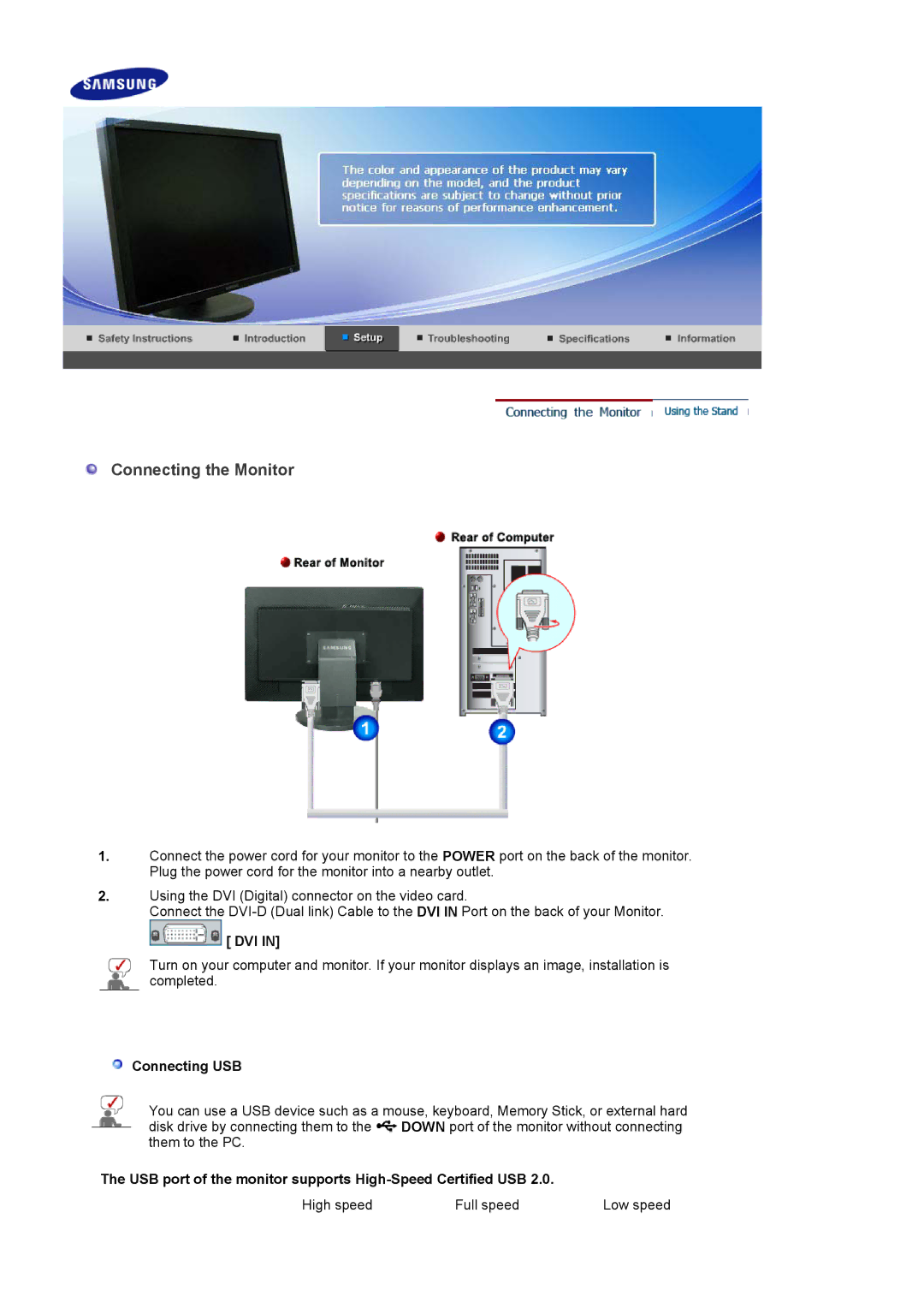 Samsung LS30HUBCB/EDC, LS30HUXCB/EDC, LS30HUBCB/XAA, LS30HUXCB2/CI, LS30HUXCBSEDC Connecting the Monitor, Dvi, Connecting USB 