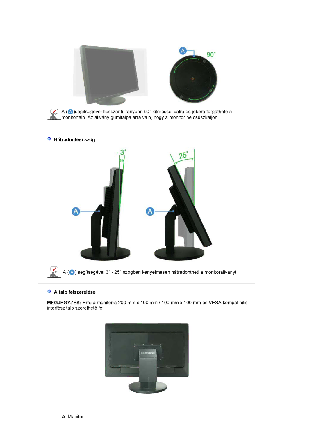 Samsung LS30HUXCB/EDC, LS30HUBCB/EDC, LS30HUXCBSEDC manual Hátradöntési szög, Talp felszerelése 