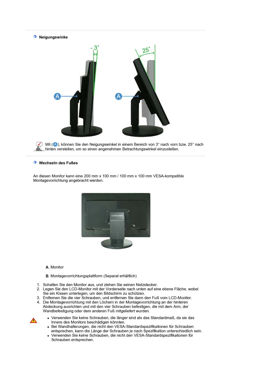 Samsung LS30HUBCB/EDC, LS30HUXCB/EDC manual Neigungswinke, Wechseln des Fußes 