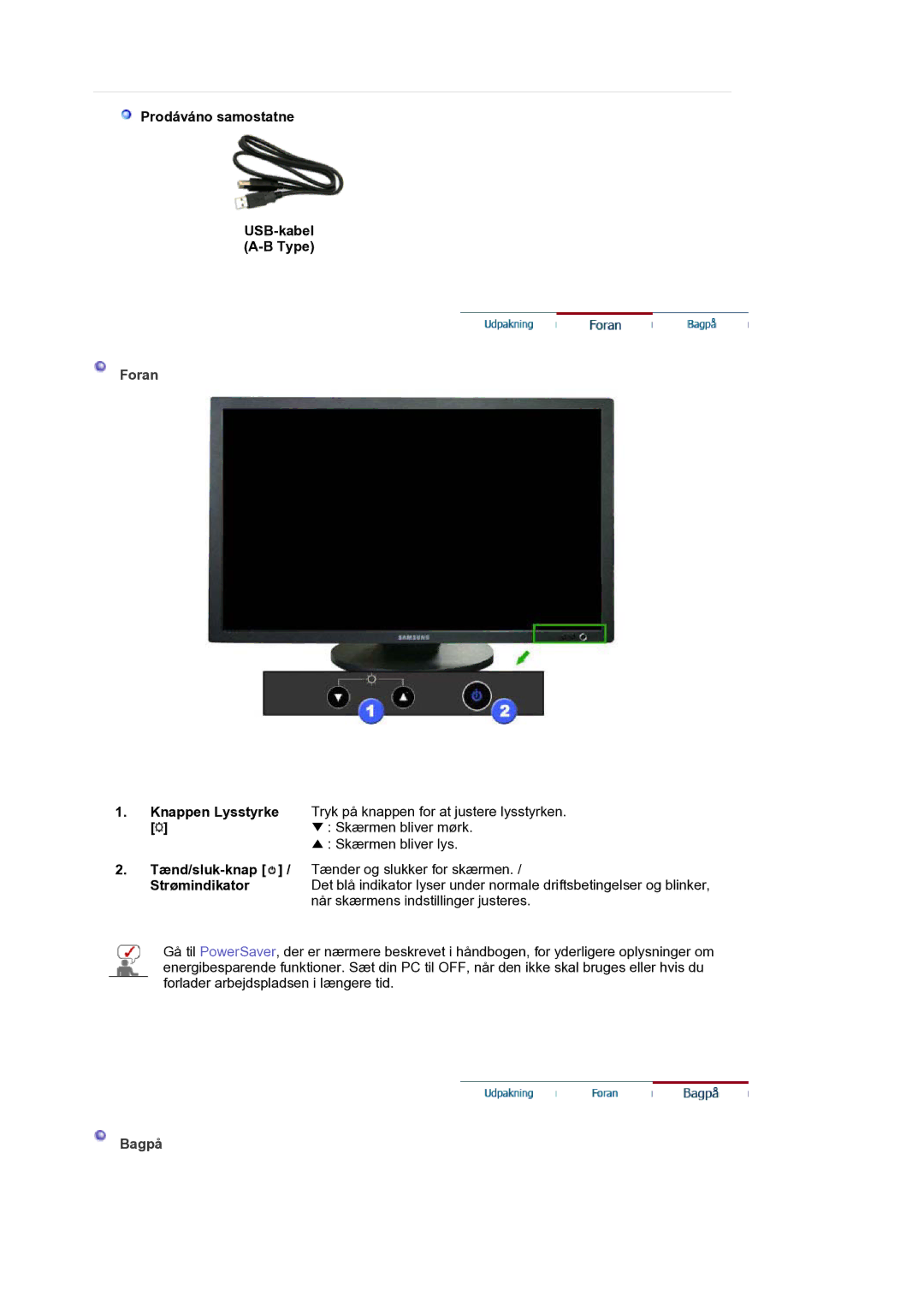 Samsung LS30HUBCB/EDC, LS30HUXCB/EDC manual Prodáváno samostatne USB-kabel Type, Foran, Strømindikator, Bagpå 