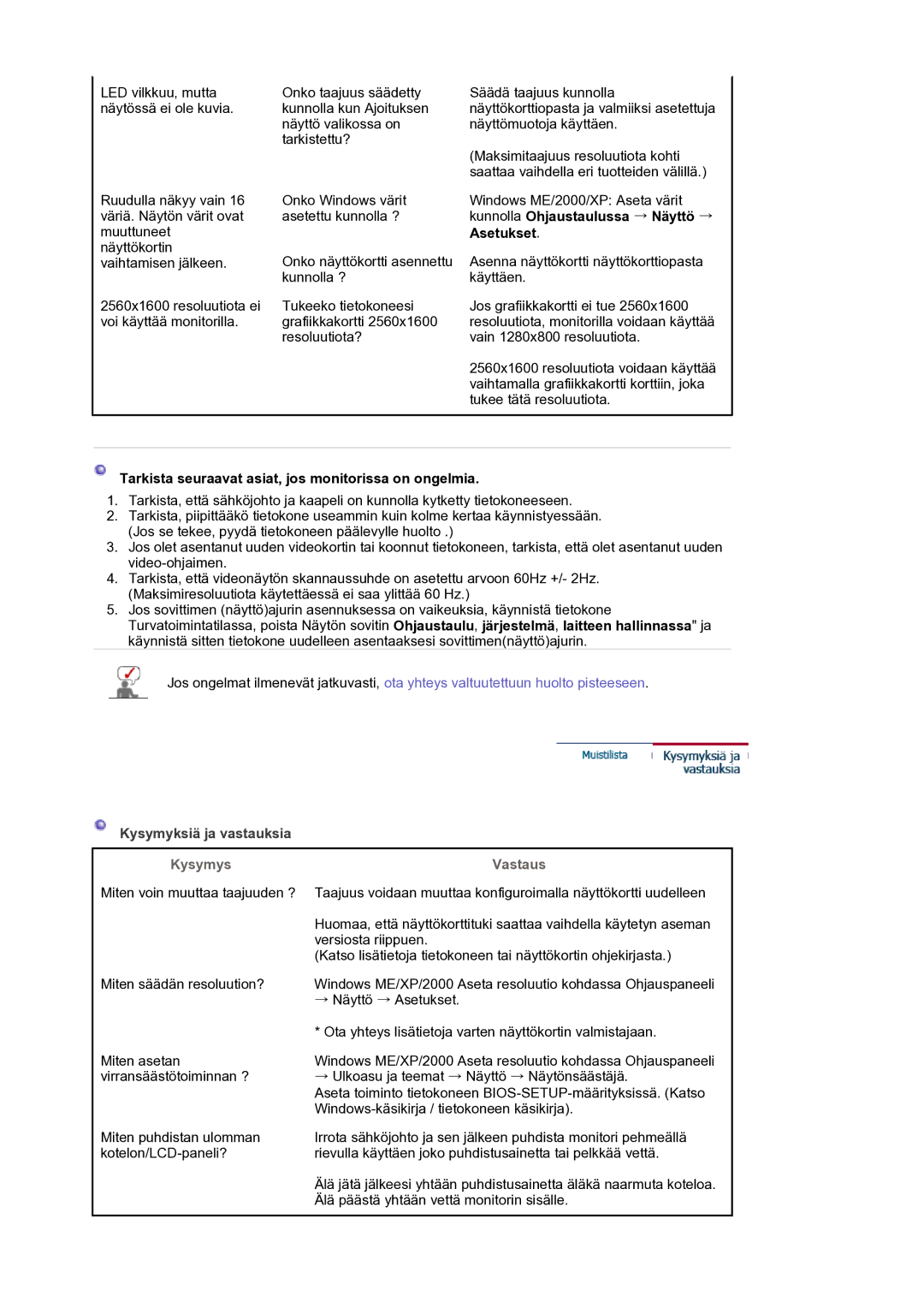 Samsung LS30HUXCB/EDC Kunnolla Ohjaustaulussa → Näyttö →, Asetukset, Tarkista seuraavat asiat, jos monitorissa on ongelmia 