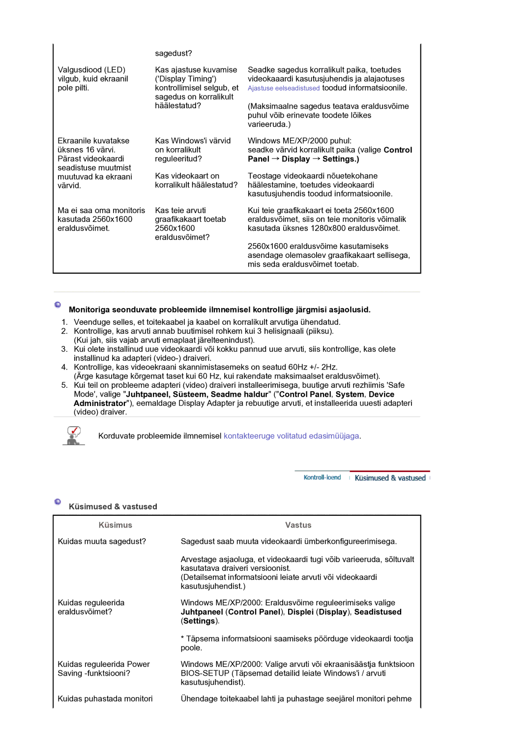 Samsung LS30HUXCB/EDC, LS30HUBCB/EDC manual Panel → Display → Settings, Küsimused & vastused 