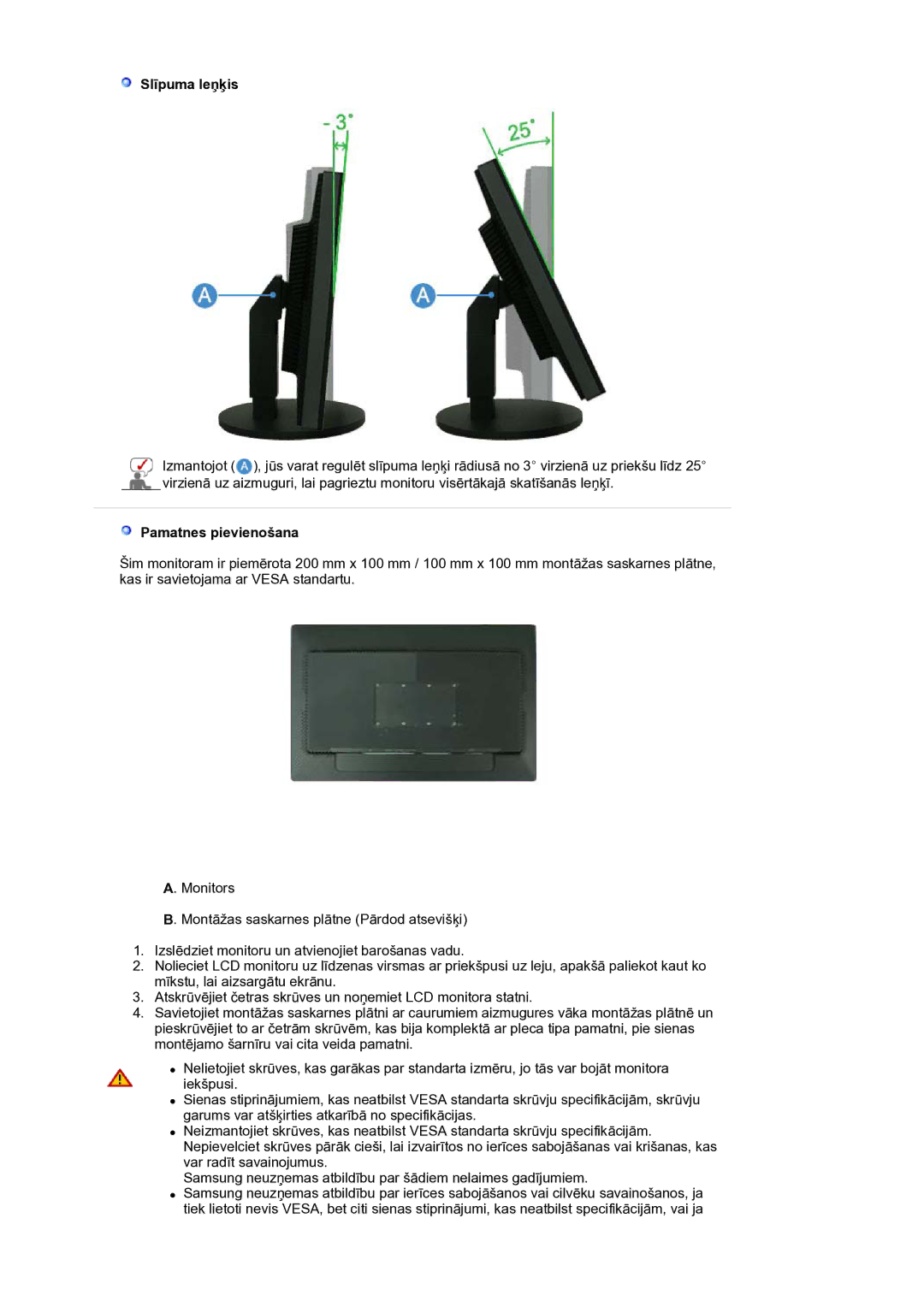 Samsung LS30HUBCB/EDC, LS30HUXCB/EDC manual Slīpuma leņķis, Pamatnes pievienošana 