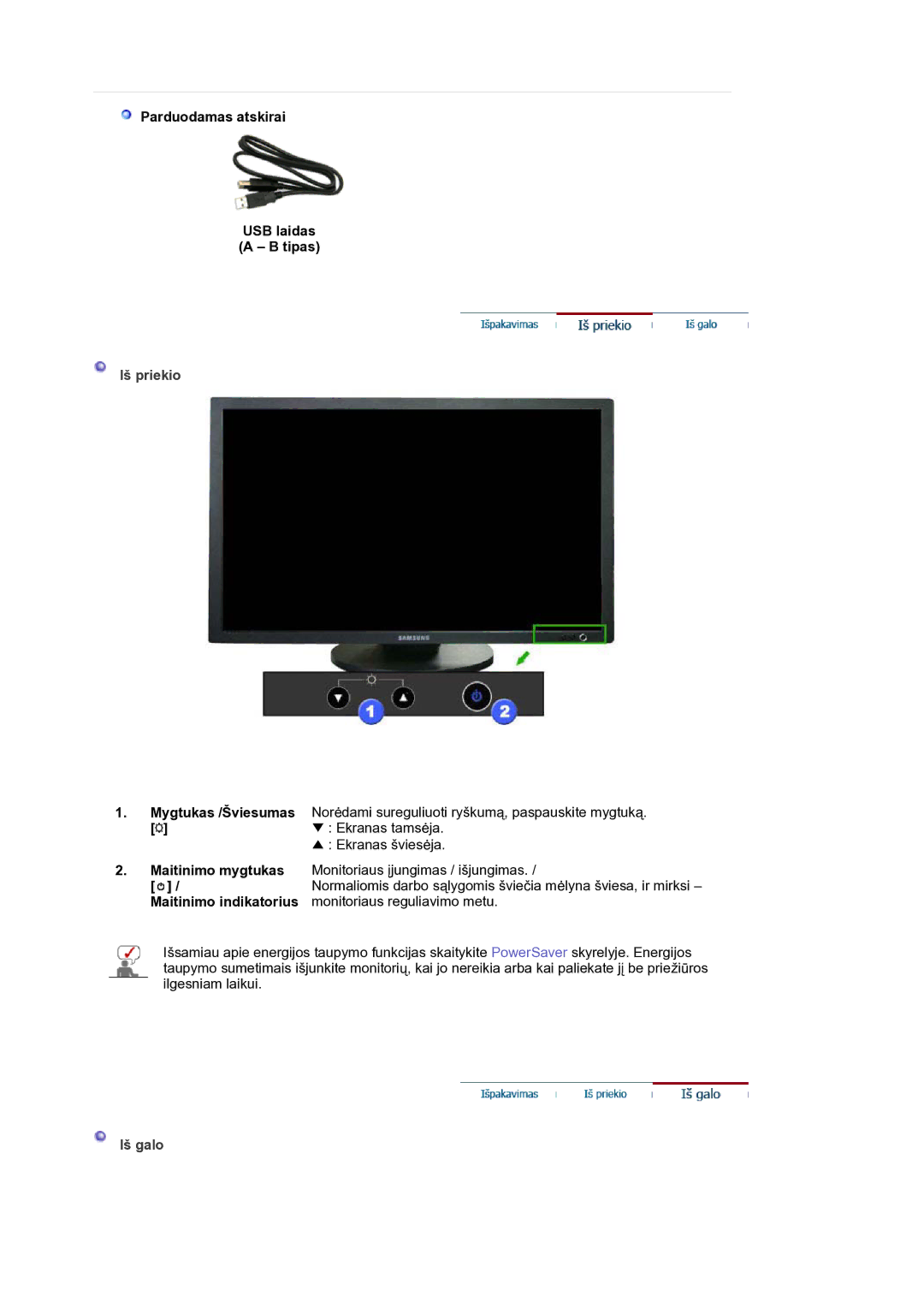 Samsung LS30HUBCB/EDC, LS30HUXCB/EDC manual Parduodamas atskirai USB laidas Tipas, Iš priekio, Iš galo 