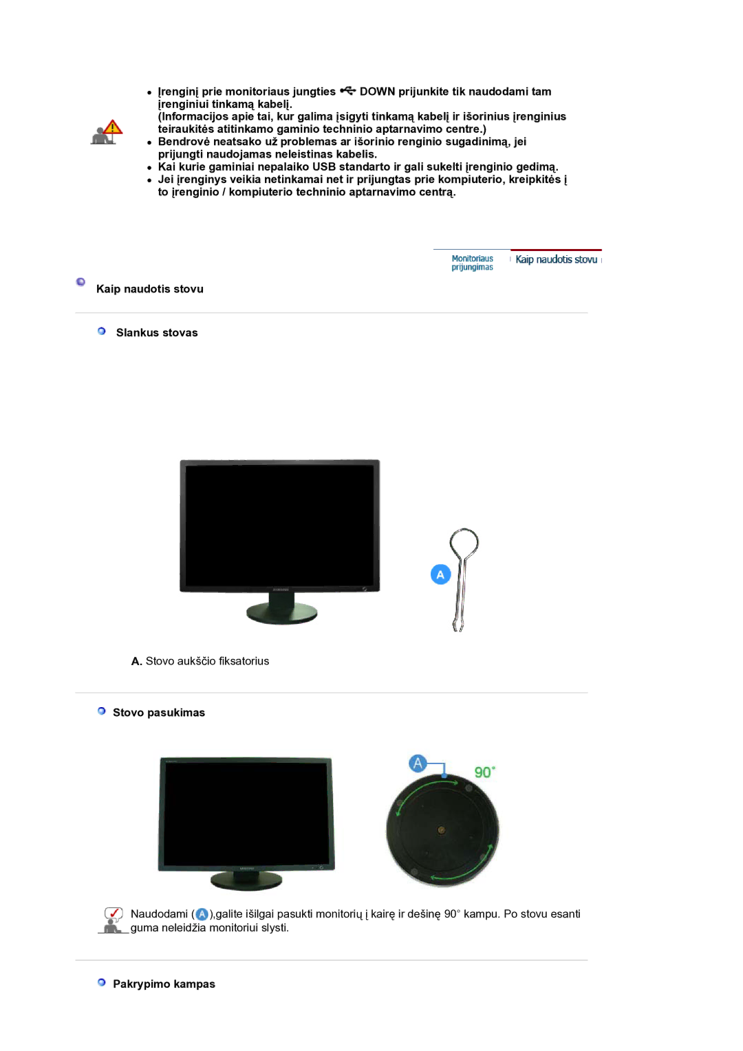 Samsung LS30HUXCB/EDC, LS30HUBCB/EDC manual Stovo pasukimas, Pakrypimo kampas 