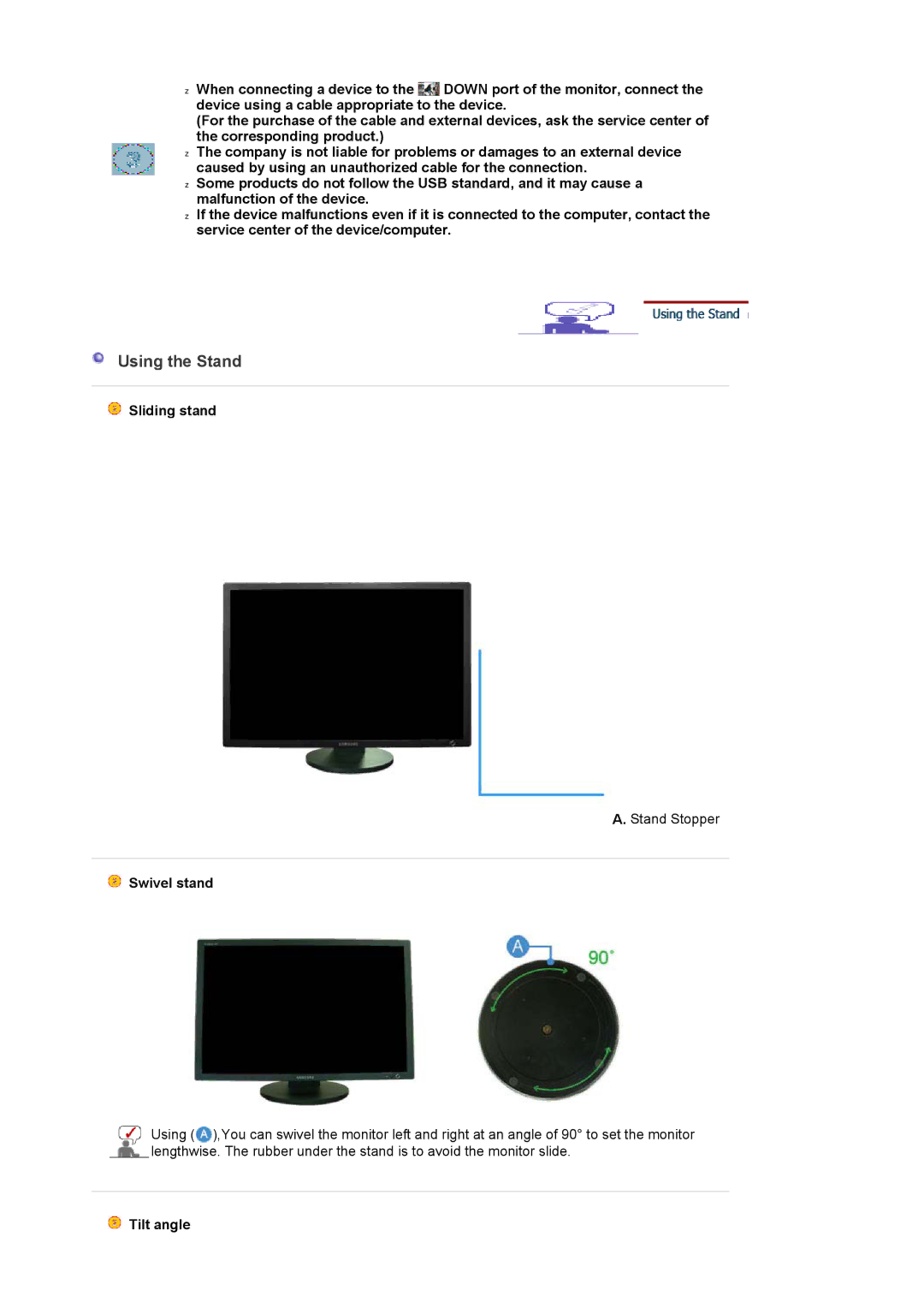 Samsung LS30HUXCB2/CI, LS30HUXCB/EDC, LS30HUXCBSEDC manual Sliding stand, Swivel stand, Tilt angle 