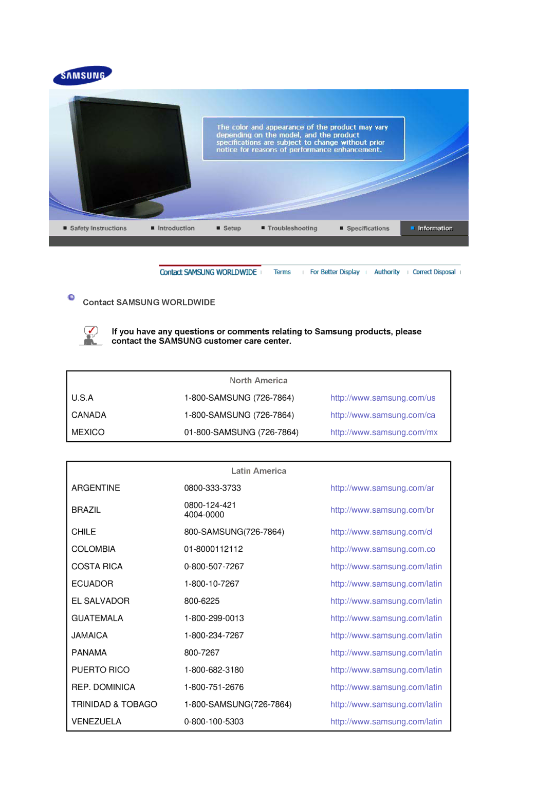 Samsung LS30HUXCB/EDC, LS30HUXCB2/CI, LS30HUXCBSEDC manual Contact Samsung Worldwide, North America, Latin America 