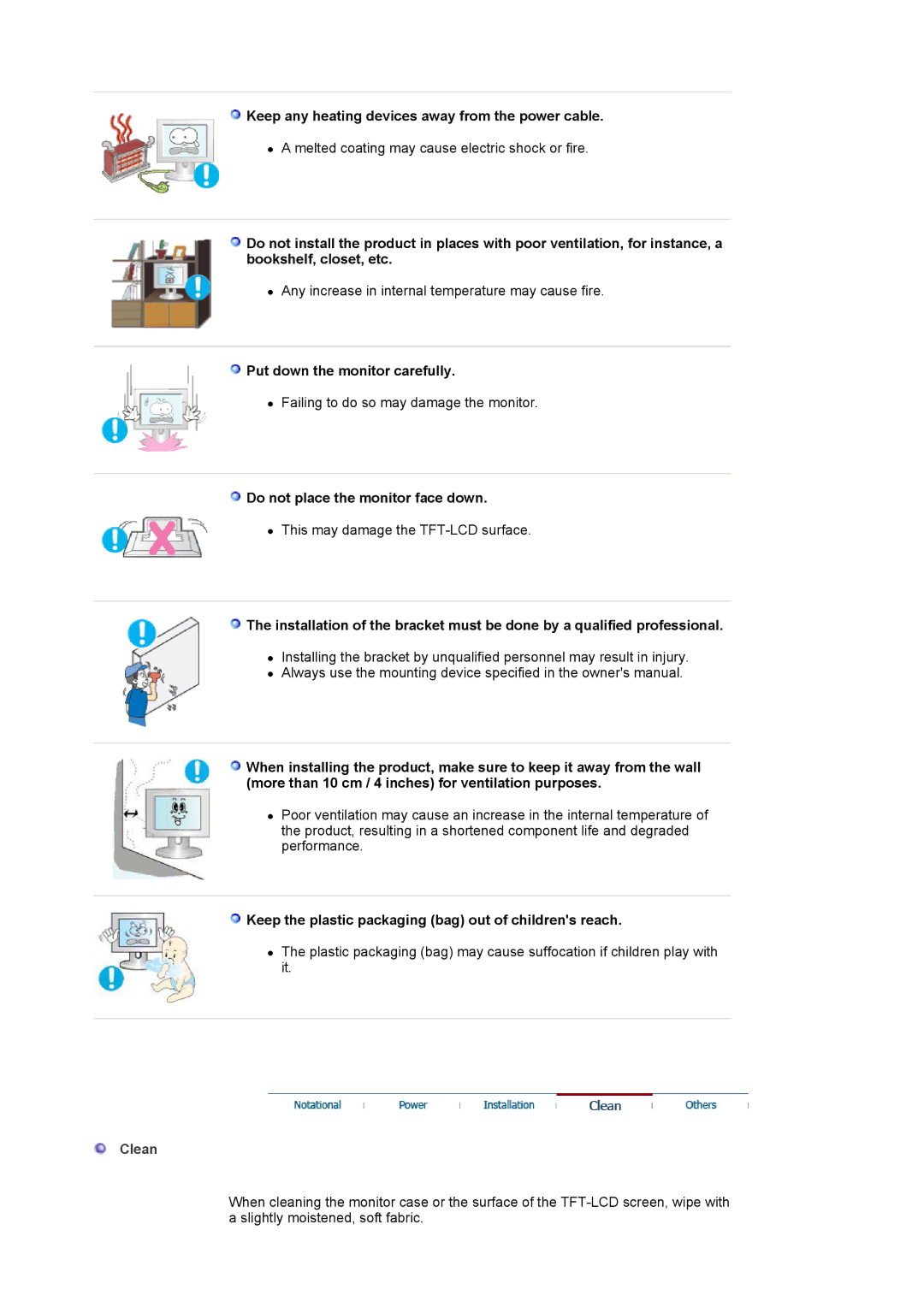 Samsung LS30HUXCBSEDC manual Keep any heating devices away from the power cable, Put down the monitor carefully, Clean 