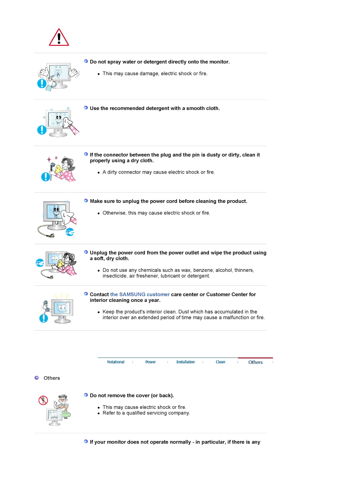 Samsung LS30HUXCB/EDC Do not spray water or detergent directly onto the monitor, Others, Do not remove the cover or back 