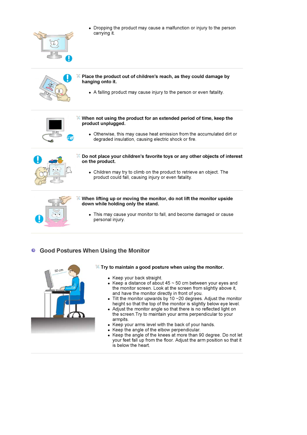 Samsung LS30HUXCB/EDC manual Good Postures When Using the Monitor, Try to maintain a good posture when using the monitor 