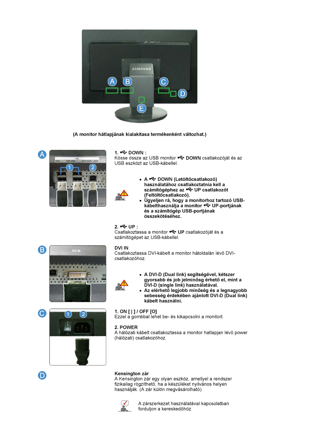 Samsung LS30HUXCBSEDC, LS30HUXCB/EDC manual Monitor hátlapjának kialakitasa termékenként változhat Down, Kensington zár 