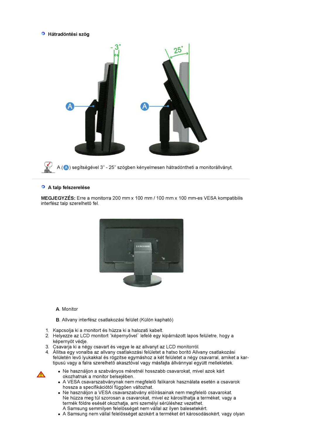 Samsung LS30HUXCB/EDC, LS30HUXCBSEDC manual Hátradöntési szög, Talp felszerelése 