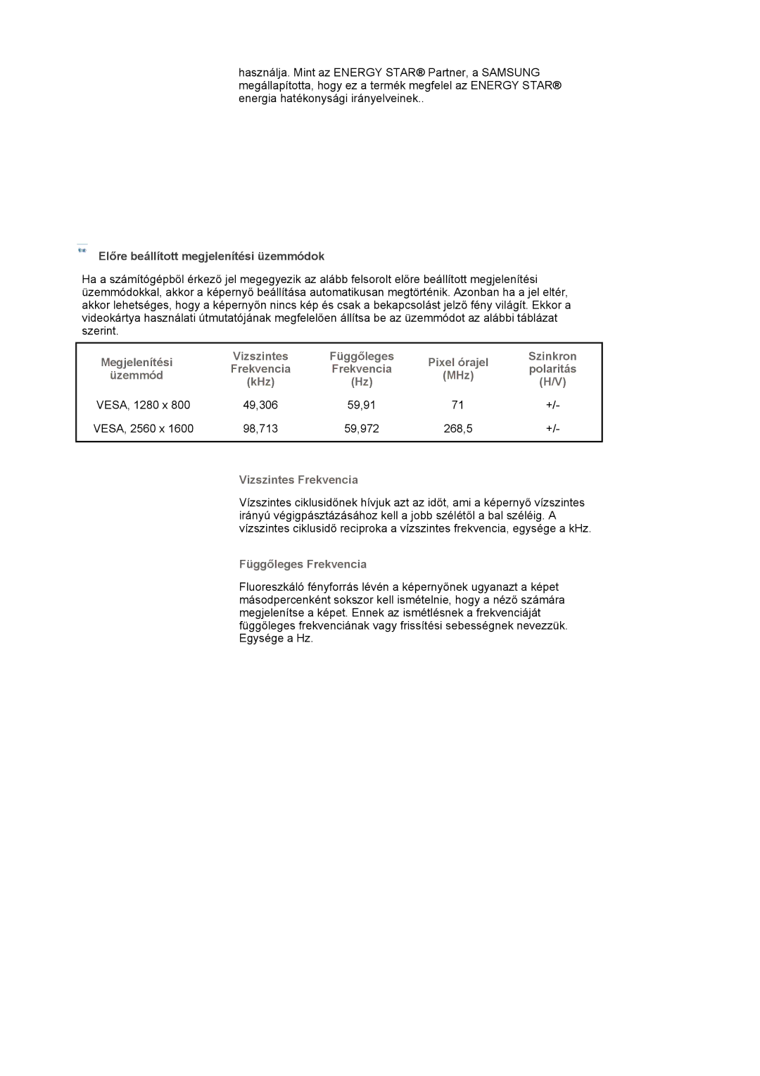 Samsung LS30HUXCBSEDC manual Előre beállított megjelenítési üzemmódok, Megjelenítési Üzemmód, 59,91, Függőleges Frekvencia 