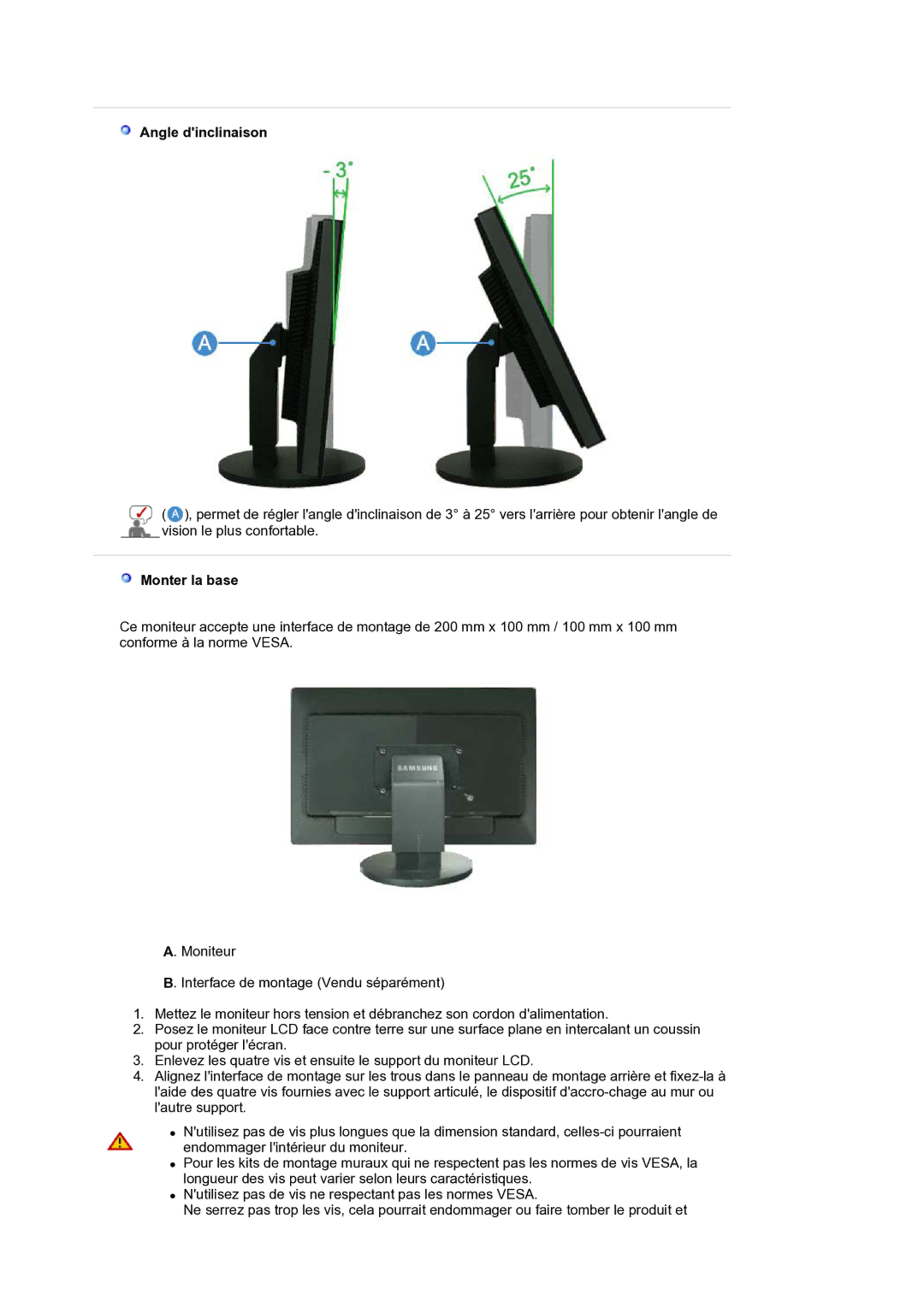 Samsung LS30HUXCB/EDC manual Angle dinclinaison, Monter la base 