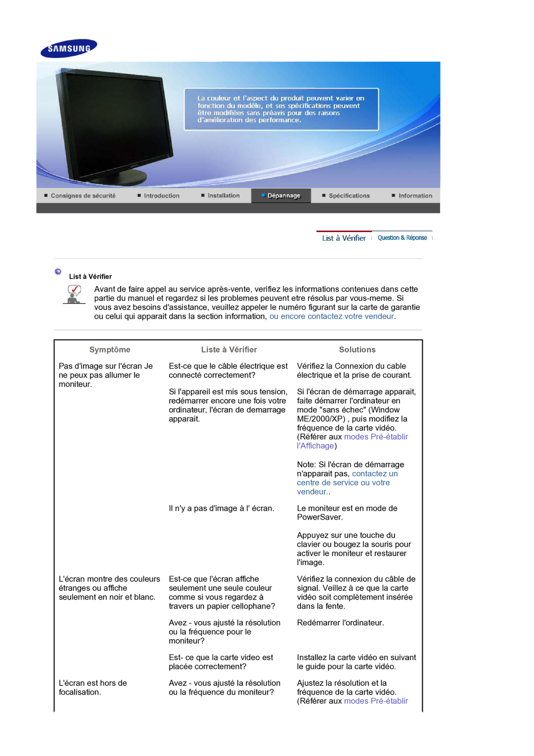 Samsung LS30HUXCB/EDC manual Symptôme Liste à Vérifier Solutions, Référer aux modes Pré-établir 