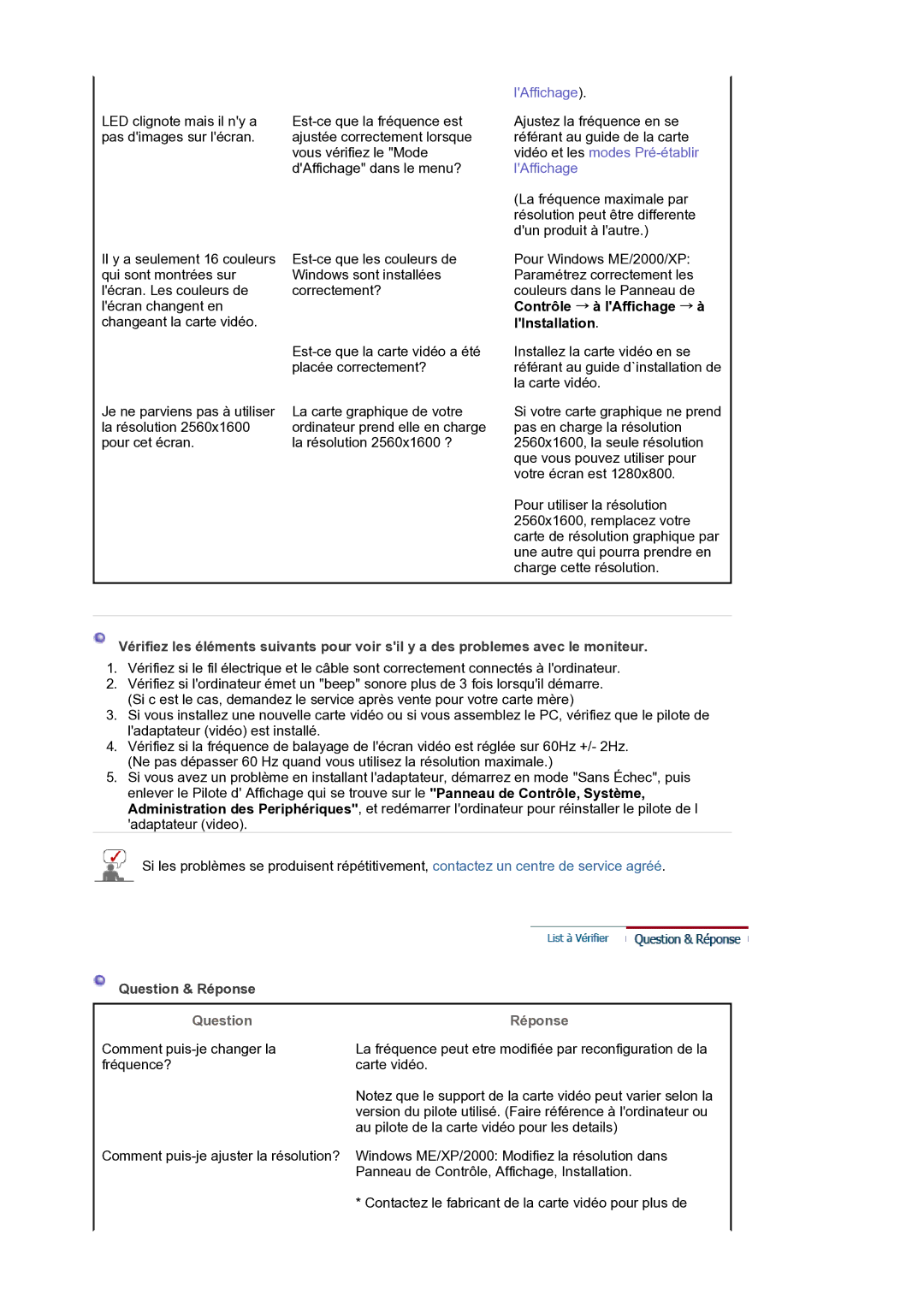 Samsung LS30HUXCB/EDC manual Contrôle → à lAffichage → à lInstallation, Question & Réponse, Question Réponse 