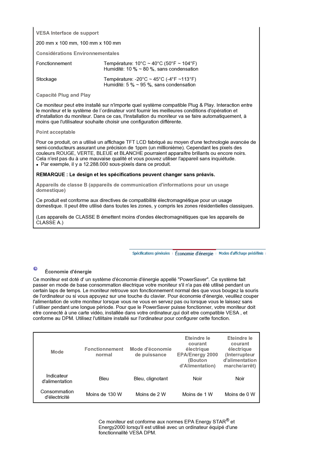 Samsung LS30HUXCB/EDC manual Vesa Interface de support, Considérations Environnementales, Capacité Plug and Play 