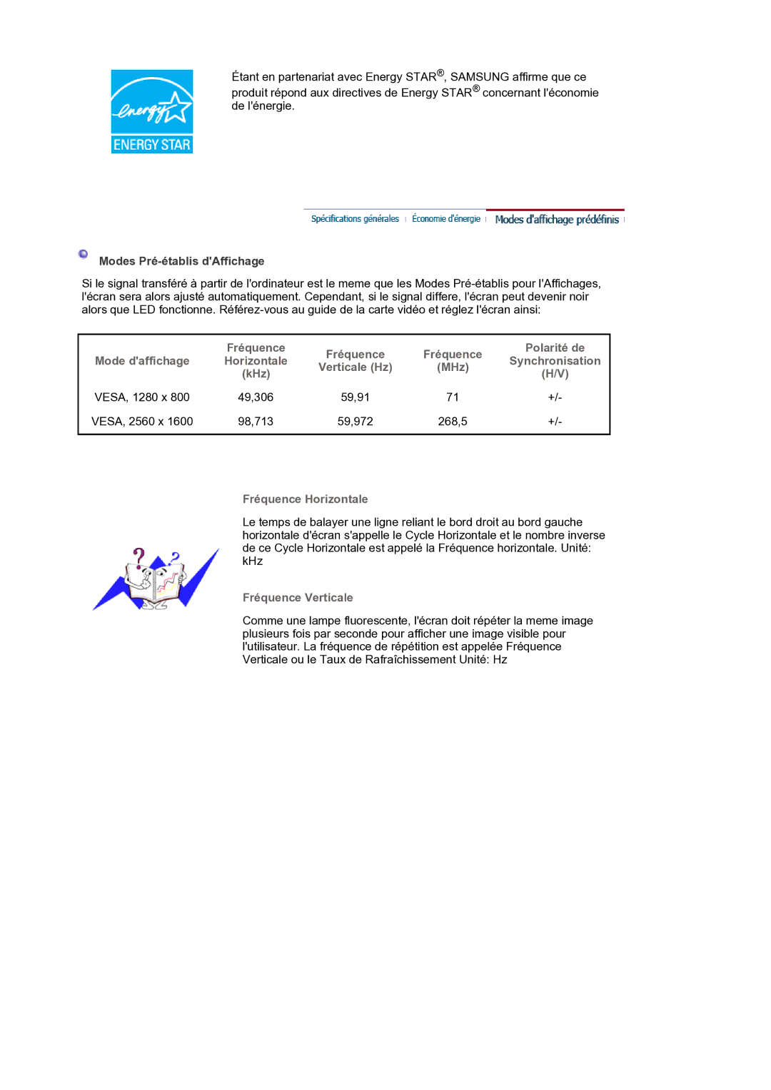 Samsung LS30HUXCB/EDC manual Modes Pré-établis dAffichage, 59,91 VESA, 2560 x, 59,972 268,5 Fréquence Horizontale 