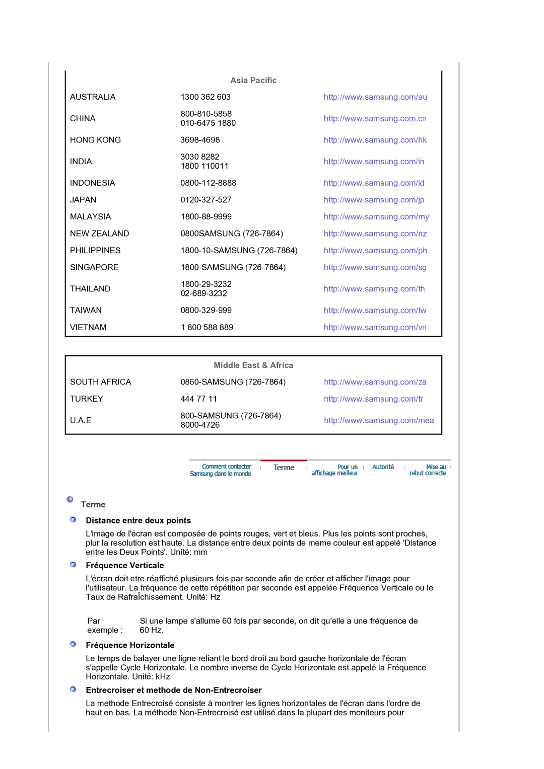 Samsung LS30HUXCB/EDC manual Asia Pacific, Middle East & Africa, Terme 