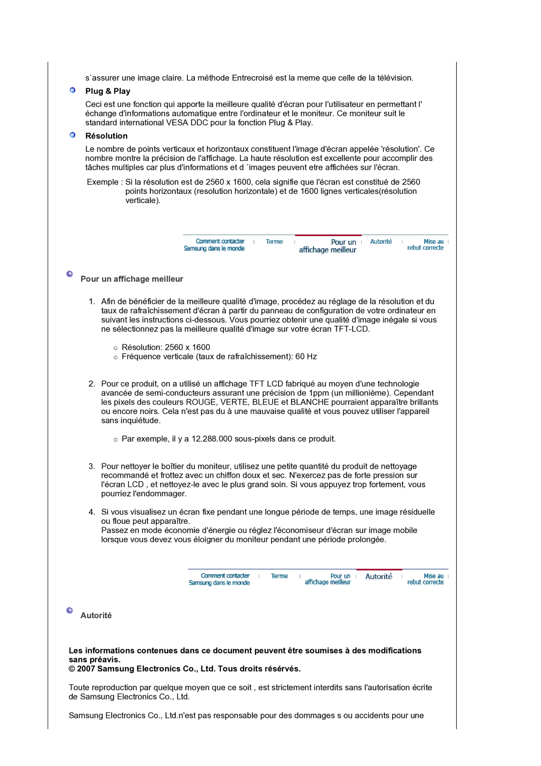 Samsung LS30HUXCB/EDC manual Plug & Play, Résolution, Pour un affichage meilleur, Autorité 