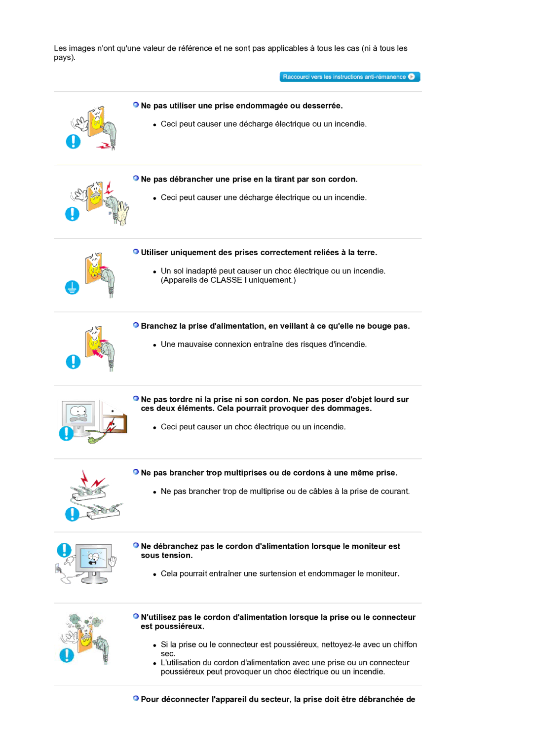 Samsung LS30HUXCB/EDC manual Ne pas utiliser une prise endommagée ou desserrée 