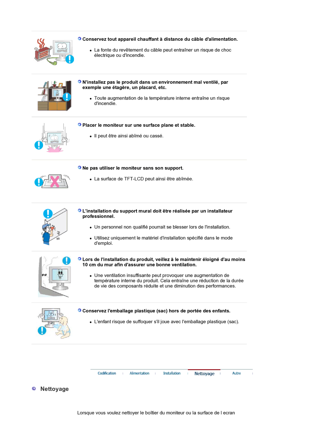 Samsung LS30HUXCB/EDC manual Nettoyage, Placer le moniteur sur une surface plane et stable 