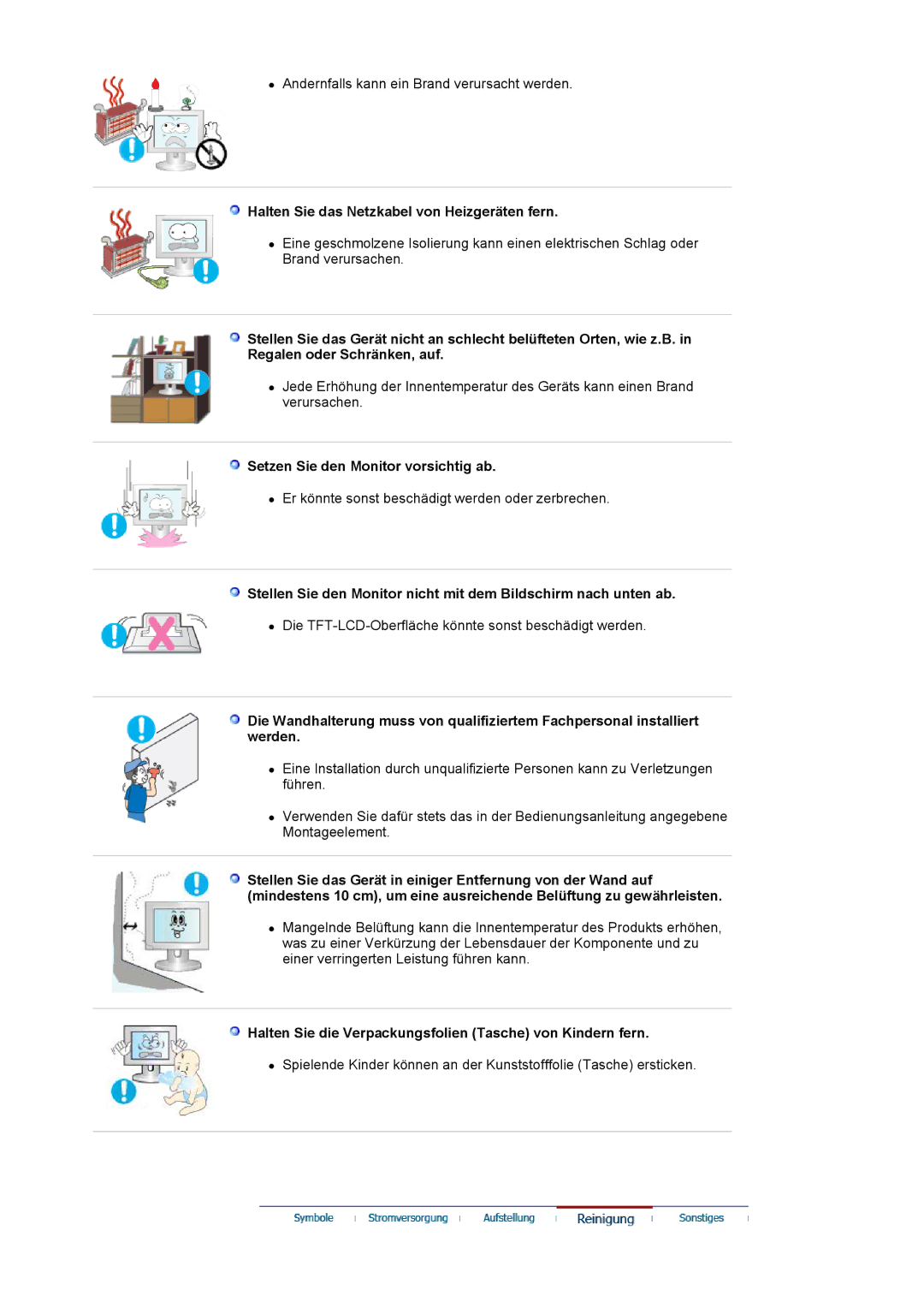 Samsung LS30HUXCB/EDC manual Halten Sie das Netzkabel von Heizgeräten fern, Setzen Sie den Monitor vorsichtig ab 