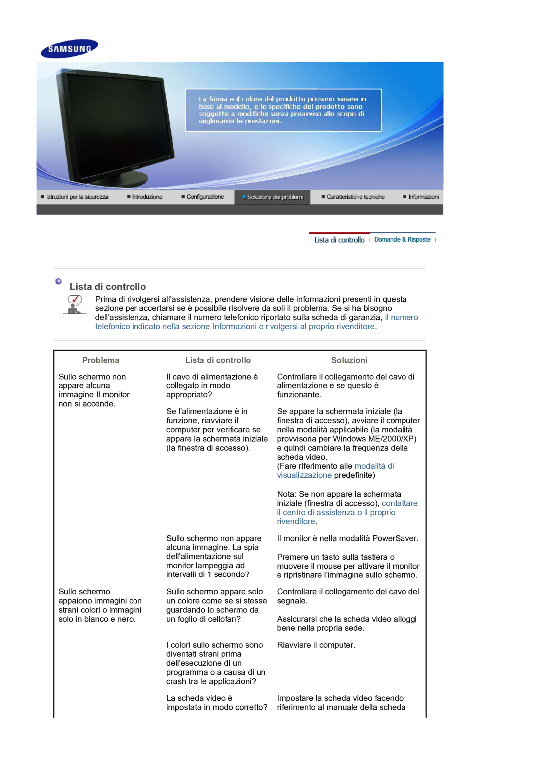 Samsung LS30HUXCB/EDC manual Problema Lista di controllo Soluzioni 