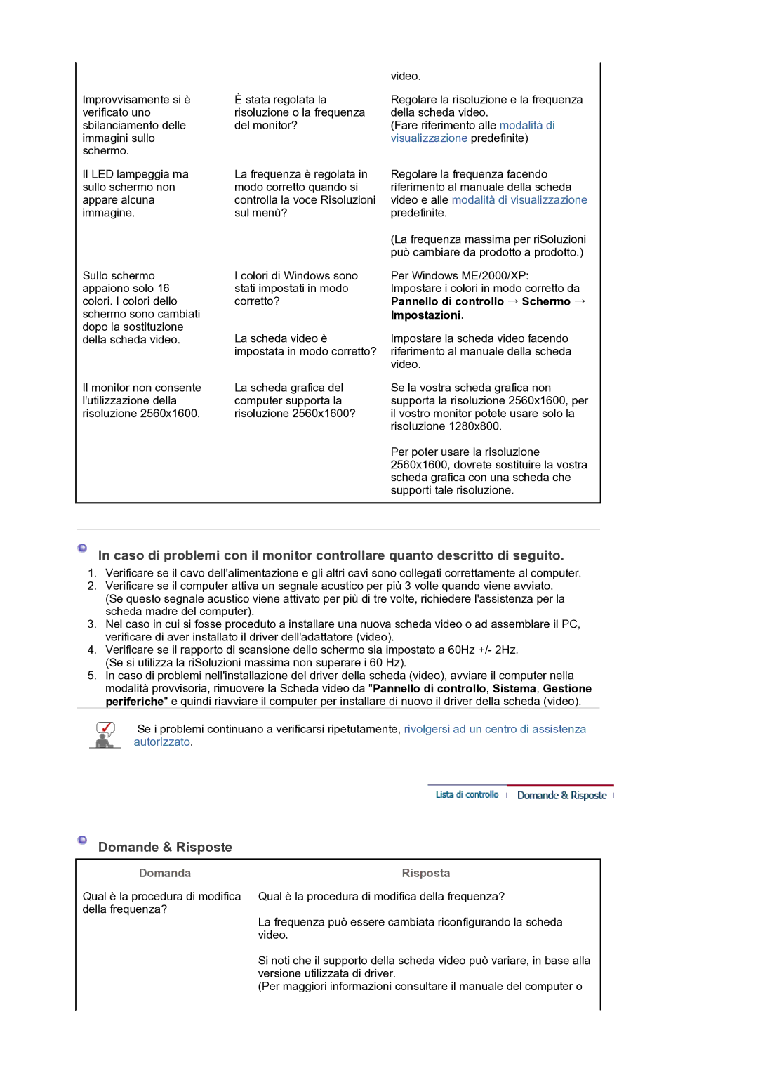 Samsung LS30HUXCB/EDC manual Pannello di controllo → Schermo → Impostazioni, Domanda, Risposta 