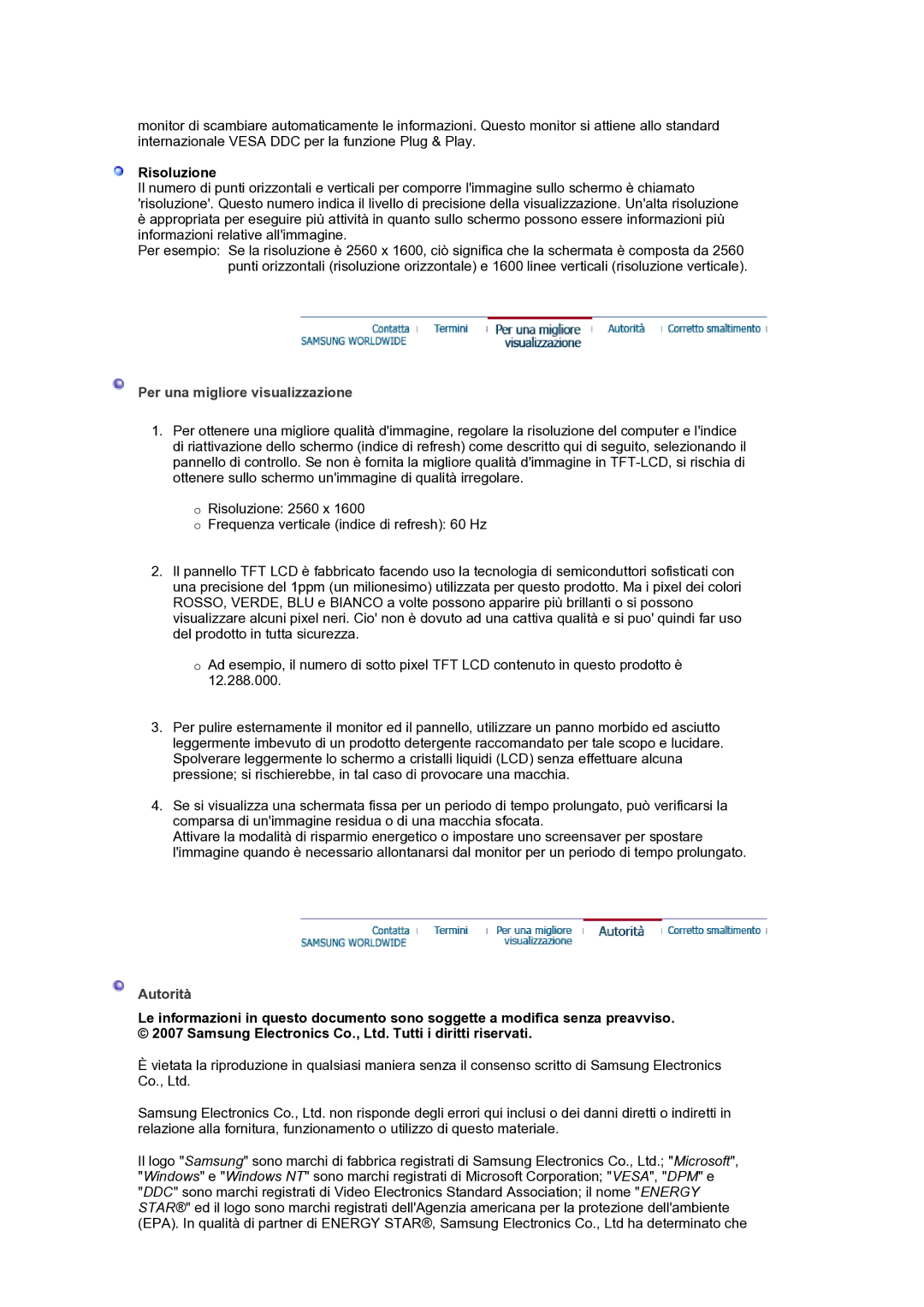 Samsung LS30HUXCB/EDC manual Risoluzione, Per una migliore visualizzazione, Autorità 