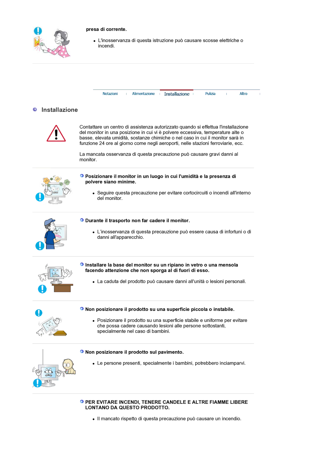 Samsung LS30HUXCB/EDC manual Presa di corrente, Durante il trasporto non far cadere il monitor 