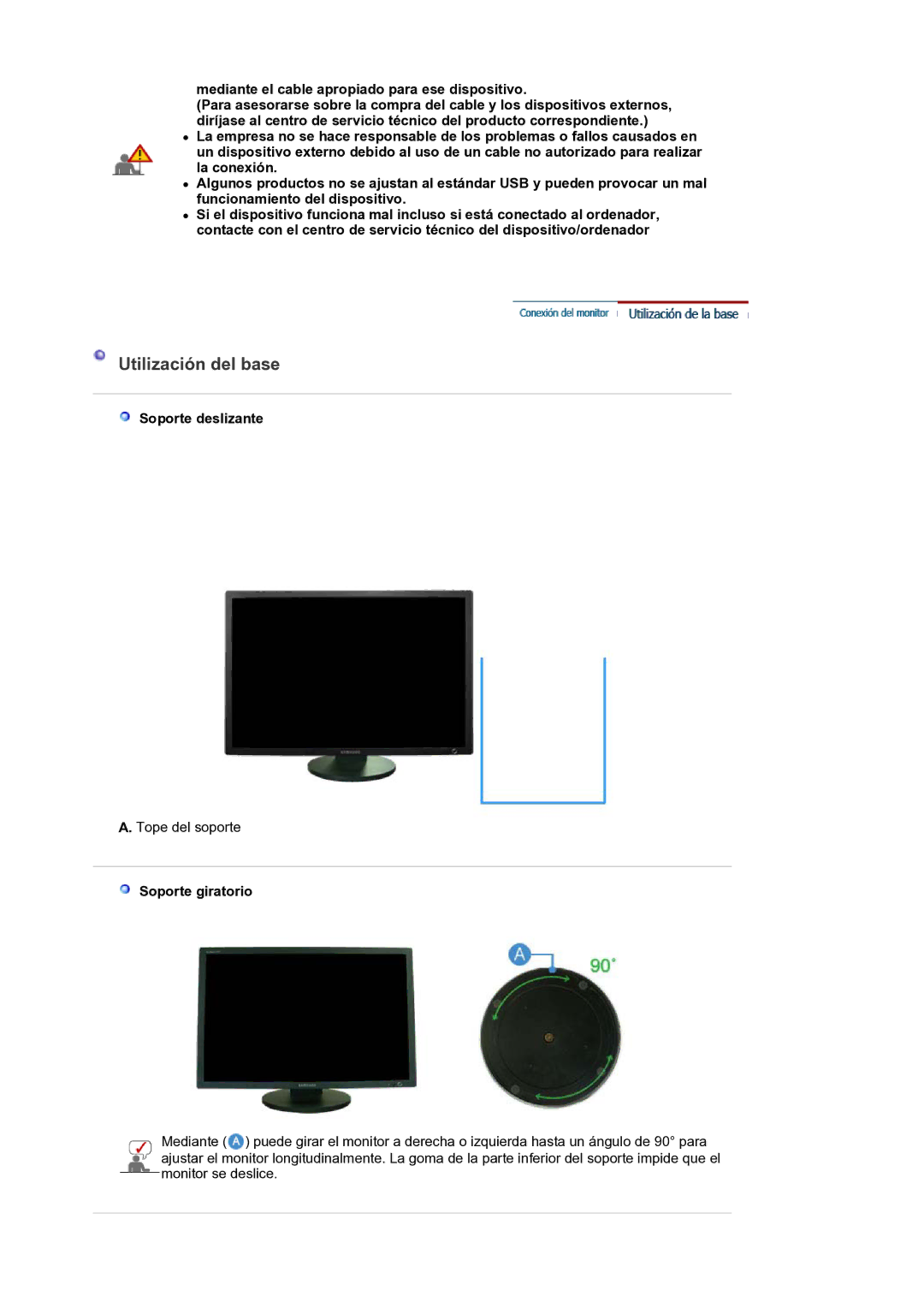 Samsung LS30HUXCB/EDC manual Utilización del base, Soporte deslizante, Soporte giratorio 